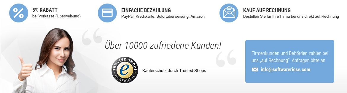 5% Rabatt bei Vorkasse, einfache Bezahlung mit PayPal, Kreditkarte, per Sofortüberweisung, Amazon pay uva., Kauf auf Rechung für Unternehmen. Über 1000 zufriedene Kunden, Käuferschutz durch Trusted-Shops.